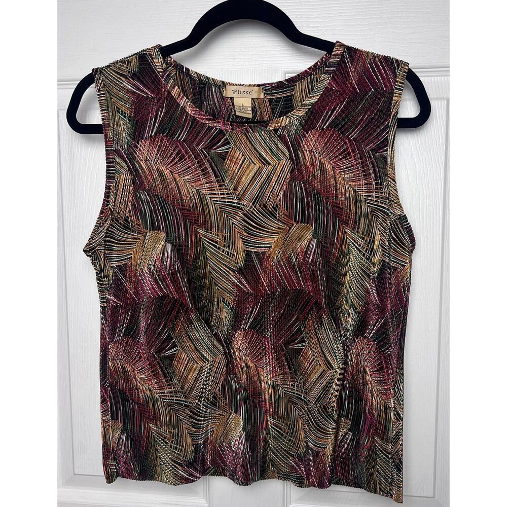 Plissé Vintage Top Abstract Brushstrokes Accordion Pleated Cropped Size Large